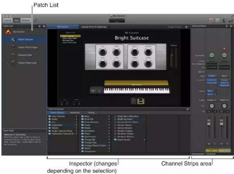 Patch List My Command Bright Suitcase Output Channel Strips Inspector (changes depending on the selection) Channel Strips area