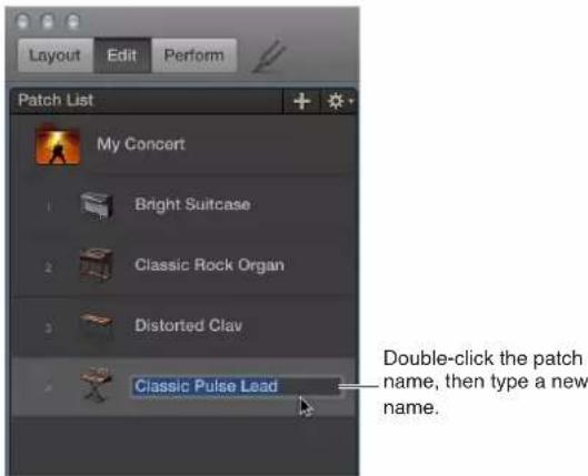 Layout Edit Perform Patch List My Concert Bright Suitcase Classic Rock Organ Distorted Clay Classic Pulse Lead Double-click the patch name, then type a new name.