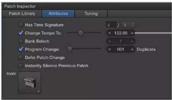 Patch Inspector Patch Library Attributes Tuning Has Time Signature 4 / 4 ✓ Change Tempo To: 122.00 Bank Select: 1 ✓ Program Change: 001 Duplicate Defer Patch Change Instantly Silence Previous Patch Icon: