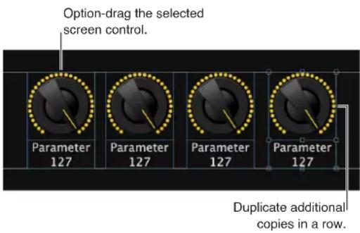 Option-drag the selected screen control. Parameter 127, Parameter 127, Parameter 127, Parameter 127. Duplicate additional copies in a row.