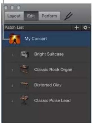 Layout Edit Perform Patch List My Concert 1 Bright Suitcase 2 Classic Rock Organ 3 Distorted Clay 4 Classic Pulse Lead
