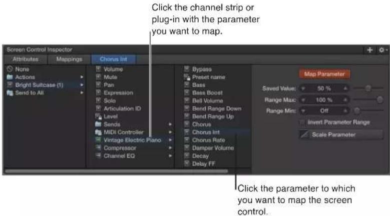 Click the channel strip or plug-in with the parameter you want to map. Screen Control Inspector, Attributes, Mappings, Chorus Int, None, Actions, Bright Suitcase (1), Send to All, Volume, Mute, Pan, Expression, Solo, Articulation ID, Level, Sends, MIDI Controller, Vintage Electric Piano, Compressor,…