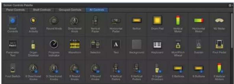 Screen Controls Palette: Panel Controls, Shelf Controls, Grouped Controls, AI Controls, Smart Controls, MiS1 Activity, Riseal Knob, Directional Knob, Vertical Pulsar, Horizontal Pulsar, Button, Drum Pad, Vertical Motor, Horizontal Motor, WD Meter, Pacemaker Test, Oxygen Cranbar, Progress Indicator,…