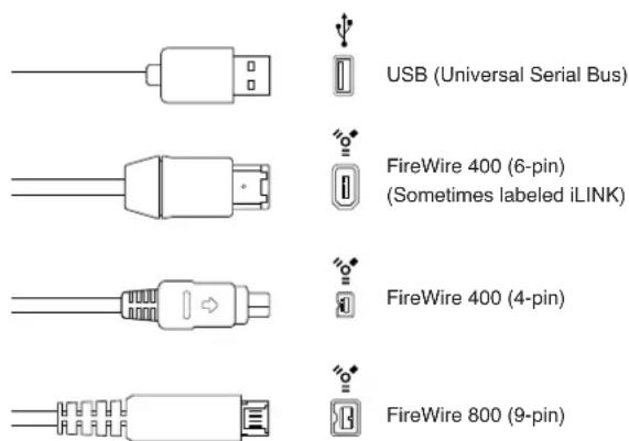 USB (Universal Serial Bus) FireWire 400 (6-pin) (Sometimes labeled iLINK) FireWire 400 (4-pin) FireWire 800 (9-pin)
