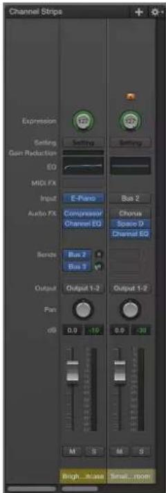 Channel Strips Expression Setting Gain Reduction EQ MIDI FX Input Audio FX Compressor Channel EQ Bus 2 Chorus Space D Channel EQ Bonds Bus 2 Bus 3 Output Output 1-2 Output 1-2 Pan 0.9 -10 0.9 -30 M S M S Bright Close Small room