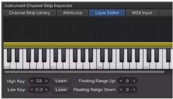 Instrument Channel Strip Inspector: Channel Strip Library, Attributes, Layer Editor, MIDI Input. High Key: G8, Learn, Floating Range Up: 0. Low Key: C-2, Learn, Floating Range Down: 0.