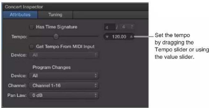 Concert Inspector Attributes Tuning Has Time Signature 4 4 Tempo: 120.00 Get Tempo From MIDI Input Device: All Program Changes Device: All Channel: Channel 1-16 Pan Law: 0 dB Set the tempo by dragging the Tempo slider or using the value slider.