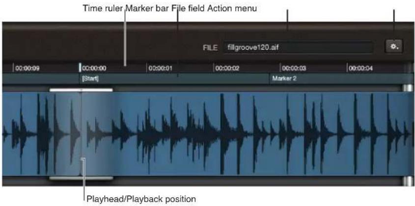 Time ruler, Marker bar, File field, Action menu. FILE filgroove120.aiF. [Start], Marker 2, Playhead/Playback position.