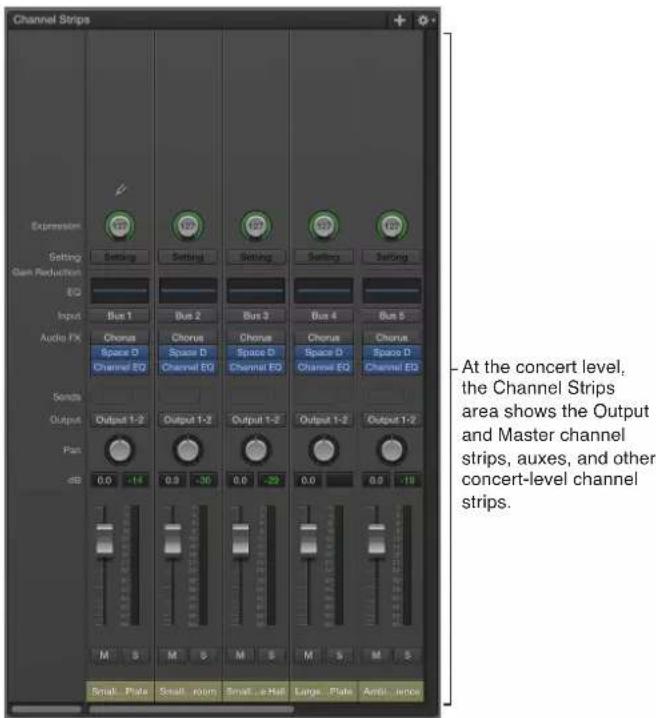 Channel Strips Expression Setting Gain Reduction EQ Input Audio FX Sends Output Pan dB 0.0 -14 0.9 -30 0.0 > 0.0 0.9 -19 M S M S M S M S M S Small Pils Small room Small a Hall Large Pils Anti- lence At the concert level, the Channel Strips area shows the Output and Master channel strips, auxes, and…