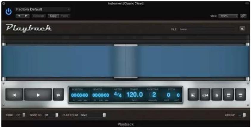 Factory Default, Playback, Instrument [Classic Clean], View: 100%, Pill. None. POSITION LENGTH LETTER STRONG RAGE TIME PITCH: 00:00:00 00:00:00 4/4 120.0 2 0 0. SYNC OFF SNAP TO OFF PLAY FROM Start GROUP. Playback.