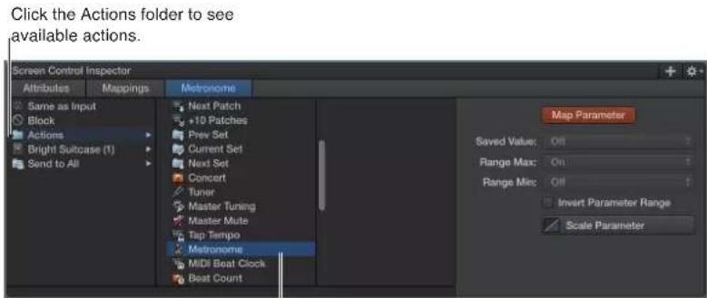 Click the Actions folder to see available actions. Screen Control Inspector, Attributes, Mappings, Matronome, Same as Input, Block, Actions, Bright Suitcase (1), Send to All, Next Patch, +10 Patches, Prev Set, Current Set, Next Set, Concert, Tuner, Master Tuning, Master Mute, Tap Tempo, Matronome, M…