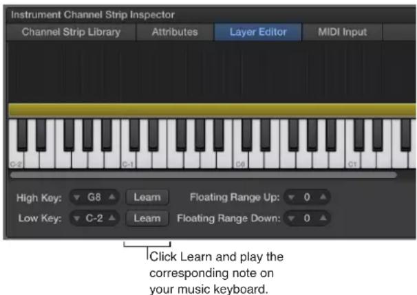 Instrument Channel Strip Inspector: Channel Strip Library, Attributes, Layer Editor, MIDI Input. High Key: G8, Learn, Floating Range Up: 0. Low Key: C-2, Learn, Floating Range Down: 0. Click Learn and play the corresponding note on your music keyboard.
