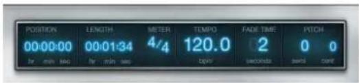 POSITION 00:00:00, LENGTH 00:01:34, METER 4/4, TEMP 120.0, FADE TIME 2, PITCH 0 0. for min sec, for min sec, day, second day, seam, perf.