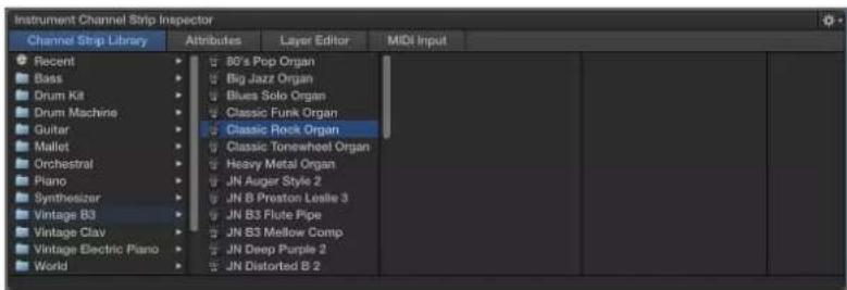 Instrument Channel Strip Inspector Channel Strip Library Attributes Layer Editor MIDI Input Recent 80's Pop Organ Bass Big Jazz Organ Drum Kit Blues Solo Organ Drum Machine Classic Funk Organ Guitar Classic Rock Organ Mallet Classic Tonewheel Organ Orchestral Heavy Metal Organ Piano JN Auger Style 2…