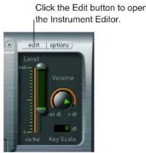 Click the Edit button to open the Instrument Editor. Edit options: Level, Volume. Values: -0.000 0.00 repeated. Scale from -100 to 99.