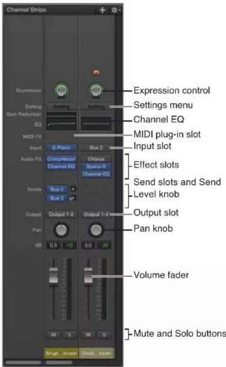 Channel Strips Expression Setting Gain Reduction EQ MIDI FX Input Audio FX Sends Output Pan 0.0 -10 0.0 -30 M S M S Bright Acoustic Small Room Expression control Settings menu Channel EQ MIDI plug-in slot Input slot Effect slots Send slots and Send Level knob Output slot Pan knob Volume fader Mute a…