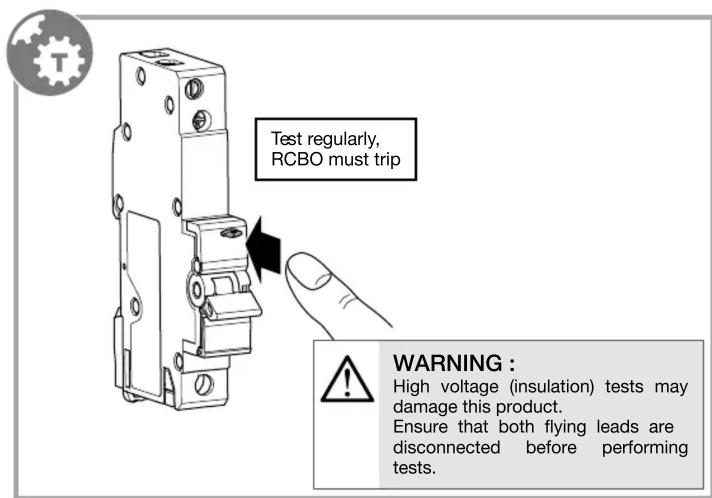 Test regularly, RCBO must trip WARNING : High voltage (insulation) tests may damage this product. Ensure that both flying leads are disconnected before performing tests.