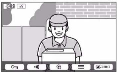 Illustration of a delivery person at a station with camera control buttons in the corner