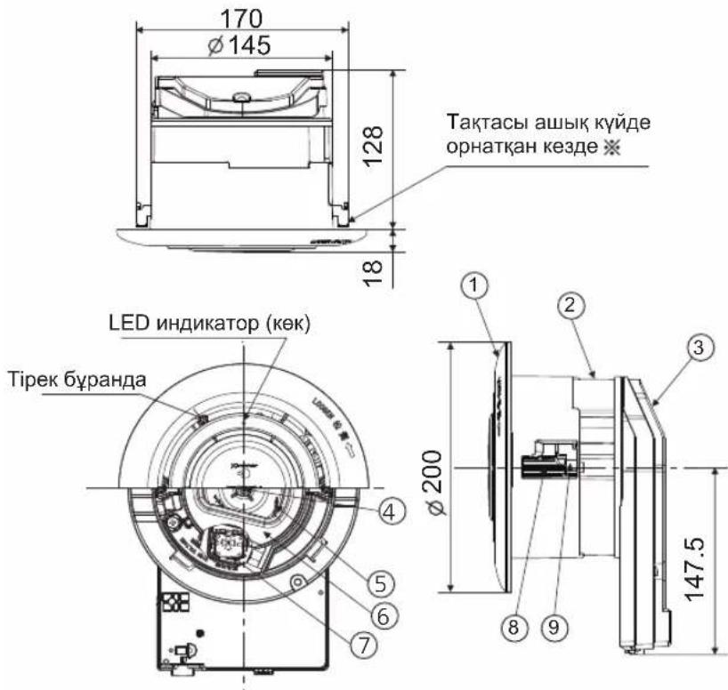 170, Ø145, 128, 18. Тақтасы ашық күйде орнатқан кезде ※. LED индикатор (көк). Тірек бұранда. Ø200, 147.5