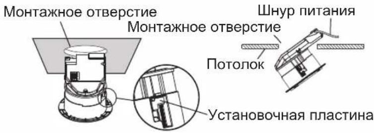 Монтажное отверстие Монтажное отверстие Шнур питания Потолок Установочная пластина
