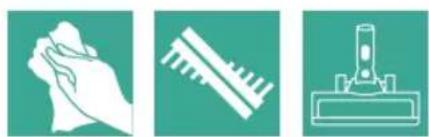 Three green icons representing cleaning tools: a cloth, a brush, and a tool holder (no text or symbols)