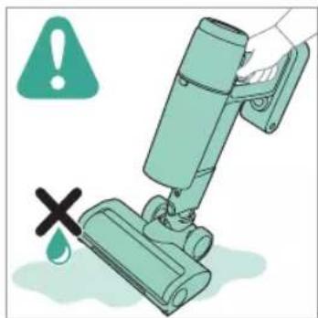 Safety warning illustration showing a hand using a vacuum cleaner to lift water, with warning symbols and a cross indicating failure.