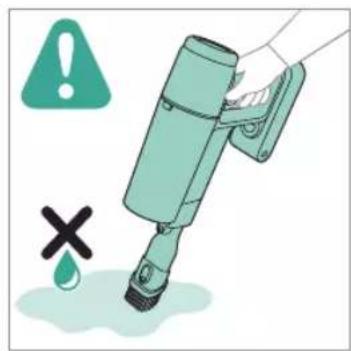 Safety warning illustration showing a hand holding a device with warning symbols and a water droplet symbol