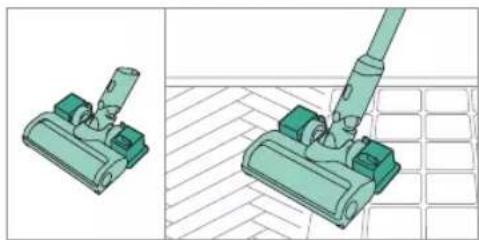 Technical illustration of a vacuum cleaner assembly with green components and a tool, shown from two different angles (no text or symbols present)