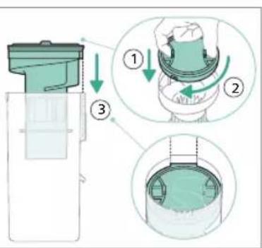 Diagram illustrating a mechanical device with three steps: press, press, and component assembly.