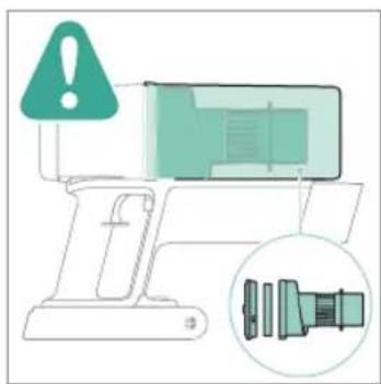 Illustration of a computer monitor with an alert symbol and a magnified inset showing a cable connector (no text or labels)
