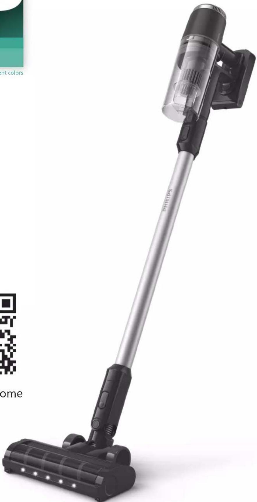 Exterior view of a Philips vacuum cleaner with black handle and white base (no text or symbols on device body)