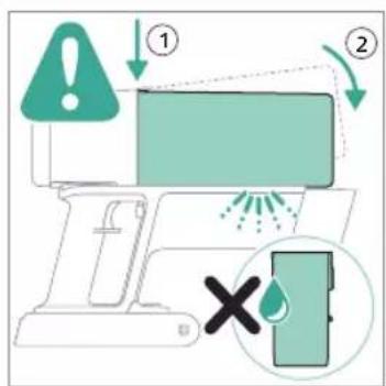 Diagram illustrating a device safety warning with warning symbols and a drop in the phone, labeled with steps ① and ②.