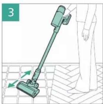 Illustration of a person using a vacuum cleaner on tiled floor, with green arrows indicating motion direction (no text or symbols)