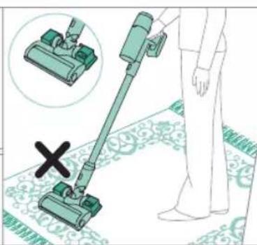 Illustration showing a person using a vacuum cleaner with a cross symbol indicating no change, accompanied by an inset image of the cleaner's device.