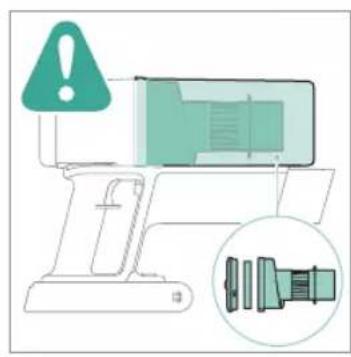Diagram showing a device with warning symbol and magnified detail of its internal components, likely indicating a safety or repair process.
