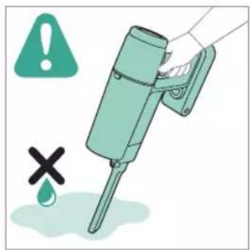 Illustration of a hand using a tool to prevent water drop, with warning symbols and a cross symbol indicating failure.