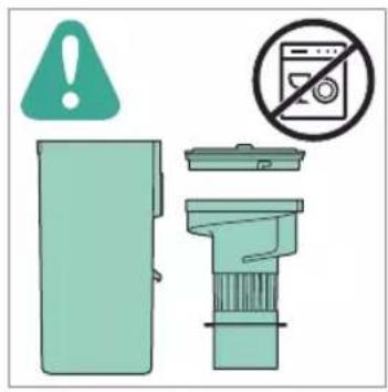 Safety warning icons including a warning symbol, a washing machine, and a trash bin with no clear symbols.