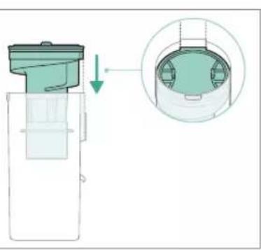 Diagram showing a mechanical component with a downward arrow and a magnified inset of its internal structure (no text or symbols)