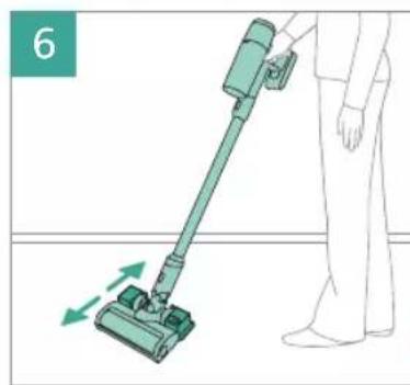 Illustration of a person using a vacuum cleaner to clean floor, with motion arrows indicating movement (no text or symbols)