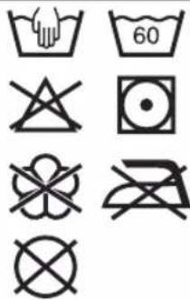 Collection of nine different symbols and numbers, including a hand washing cup, a water level, crossed-out triangles, a circle, crossed-out crossed-out box, and crossed-out cross.