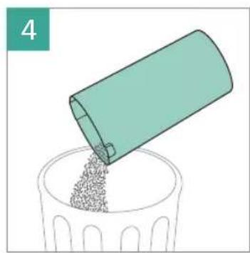 Illustration of a container pouring granular material into a plastic cup (no text or symbols)