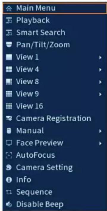 Main Menu Playback Smart Search Pan/Tilt/Zoom View 1 View 4 View 8 View 9 View 16 Camera Registration Manual Face Preview AutoFocus Camera Setting Info Sequence Disable Beep