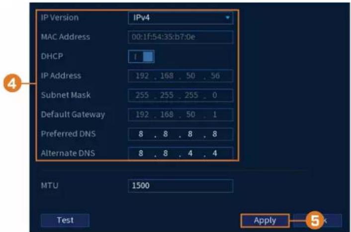 IP Version IPv4 MAC Address 00:1f:54:35:b7:0e DHCP IP Address 192 . 168 . 50 . 56 Subnet Mask 255 . 255 . 255 . 0 Default Gateway 192 . 168 . 50 . 1 Preferred DNS 8 . 8 . 8 . 8 Alternate DNS 8 . 8 . 4 . 4 MTU 1500 Test Apply 5 k