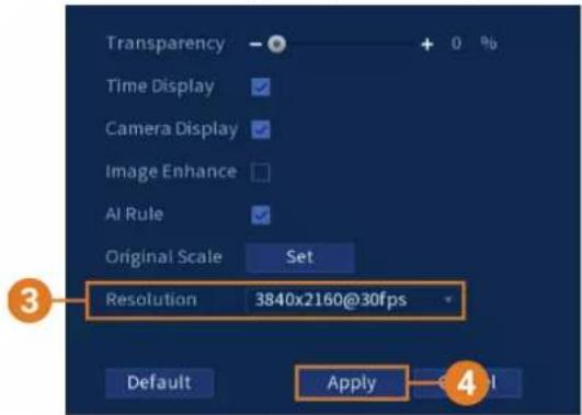 Transparency Time Display Camera Display Image Enhance AI Rule Original Scale Set Resolution 3840x2160@30fps Default Apply 4