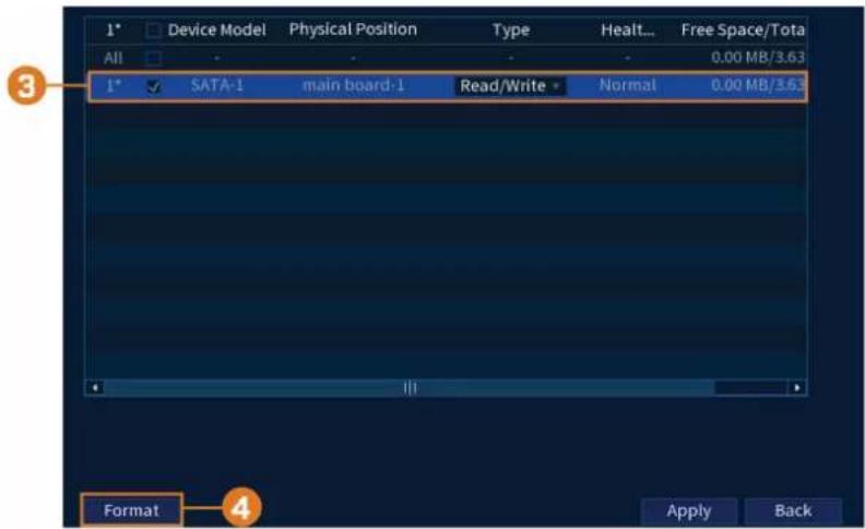 1* Device Model Physical Position Type Healt... Free Space/Total All 0.00 MB/3.63 1* SATA-1 main board-1 Read/Write Normal 0.00 MB/3.63 Format Apply Back