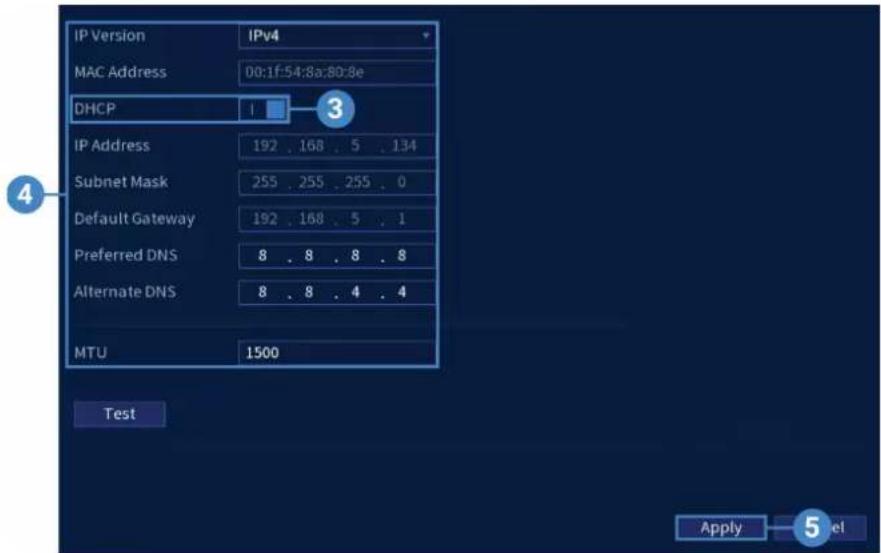 IP Version IPv4 MAC Address 00:1f:54:8a:80:8e DHCP IP Address 192 . 168 . 5 . 134 Subnet Mask 255 . 255 . 255 . 0 Default Gateway 192 . 168 . 5 . 1 Preferred DNS 8 . 8 . 8 . 8 Alternate DNS 8 . 8 . 4 . 4 MTU 1500 Test Apply 5 el