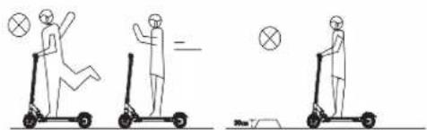 Diagram showing four sequential steps of a person using a scooter, with one figure jumping and the other holding a cross symbol.