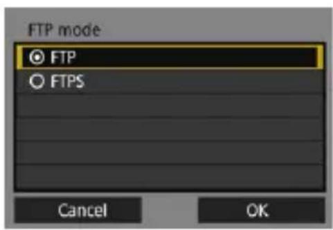 FTP mode. FTP, FTPS. Cancel, OK.