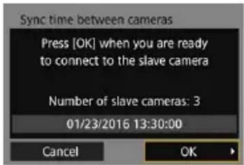 Sync time between cameras. Press [OK] when you are ready to connect to the slave camera. Number of slave cameras: 3. 01/23/2016 13:30:00. Cancel OK