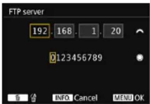 FTP server: 192.168.1.20. 0123456789. INFO, Cancel, MENU, OK.